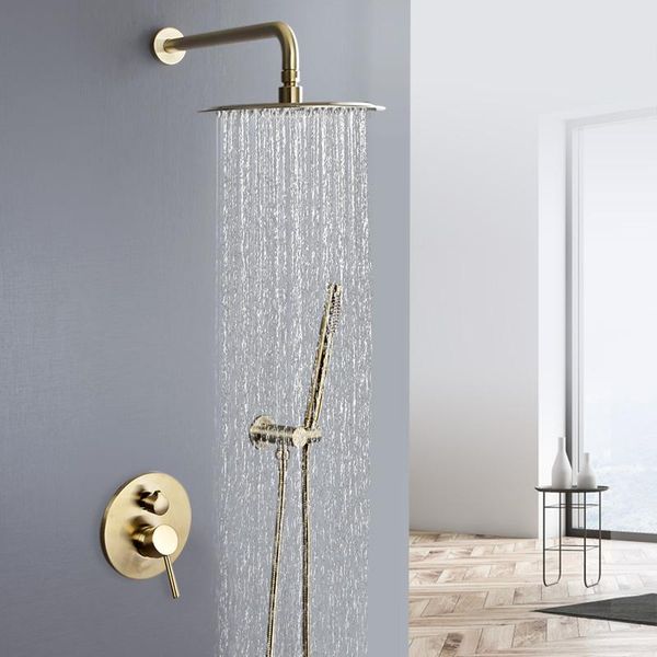bathroom rain shower faucet system set bath mixer tap brushed gold brass diverter hand held 10" head wall arm kit sets