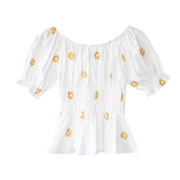 women's t-shirt summer shirt small fresh and sweet one line collar embroidery close waist hem top, White
women's t-shirt summer shirt small fresh and sweet one line collar embroidery close waist hem top, White