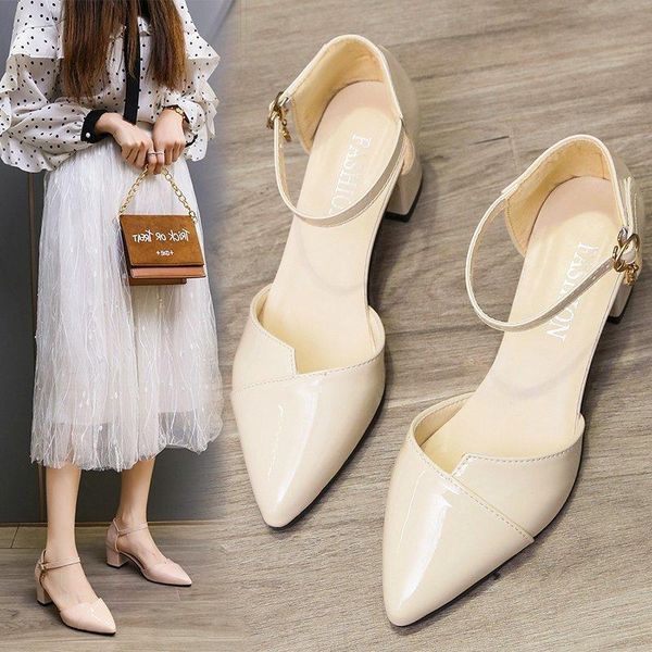 pointed single shoes women's korean high heeled hollow one button thick sandals dress, Black
pointed single shoes women's korean high heeled hollow one button thick sandals dress, Black