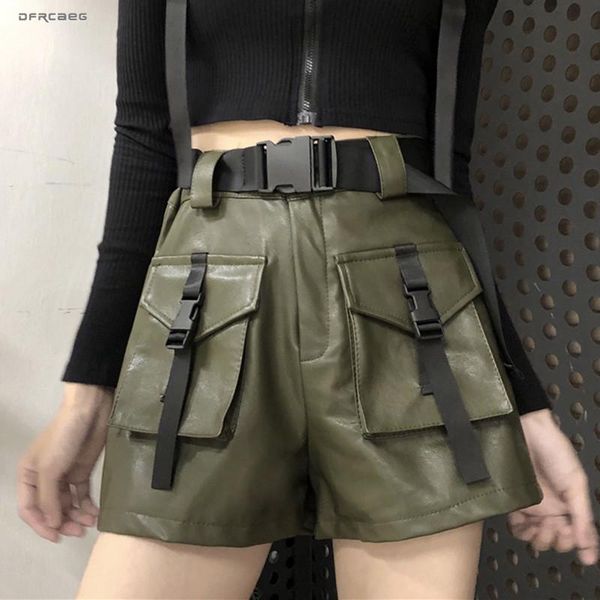 women's shorts high waist wide leg cargo pu women vintage 2021 autumn winter streetwear casual faux leather short with belt female, White;black
women's shorts high waist wide leg cargo pu women vintage 2021 autumn winter streetwear casual faux leather short with belt female, White;black