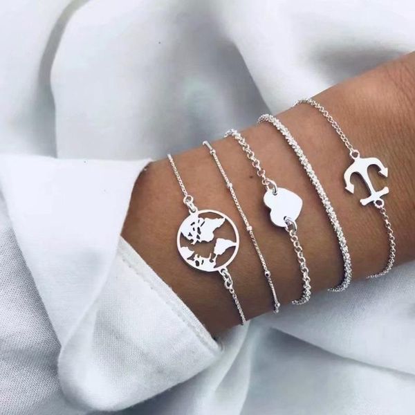 link, chain silver color engraved heart bracelet 5pcs bohemian women fine beaded vintage drop, Black
link, chain silver color engraved heart bracelet 5pcs bohemian women fine beaded vintage drop, Black