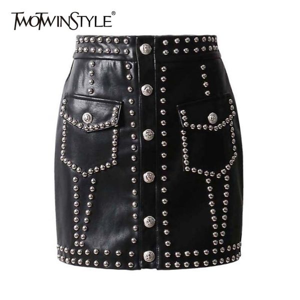 twotwinstyle heavy rivets pu leather skirts high waist single breasted mini skirt for women punk style spring fashion 210325, Black
twotwinstyle heavy rivets pu leather skirts high waist single breasted mini skirt for women punk style spring fashion 210325, Black