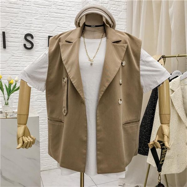 women's vests women lapel sleeveless double breasted mid-length loose casual suit vest 2021 spring ladies black khaki big pocket outerw, Black;white
women's vests women lapel sleeveless double breasted mid-length loose casual suit vest 2021 spring ladies black khaki big pocket outerw, Black;white