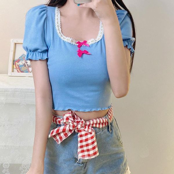 women square neck puff short sleeve crop , 2021 fashion lace patchwork bow front slim fit tee shirts women's t-shirt, White
women square neck puff short sleeve crop , 2021 fashion lace patchwork bow front slim fit tee shirts women's t-shirt, White