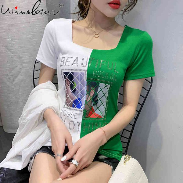 women's t-shirt summer korean clothes cotton fashion shiny diamonds women casual contrast color letter tees 2021 t13912a, White
women's t-shirt summer korean clothes cotton fashion shiny diamonds women casual contrast color letter tees 2021 t13912a, White