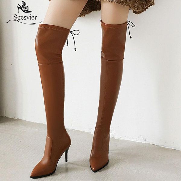 boots sgesvier 2021 autumn womens over the knee black stiletto high heel long riding boot lace up ladies shoes elastic