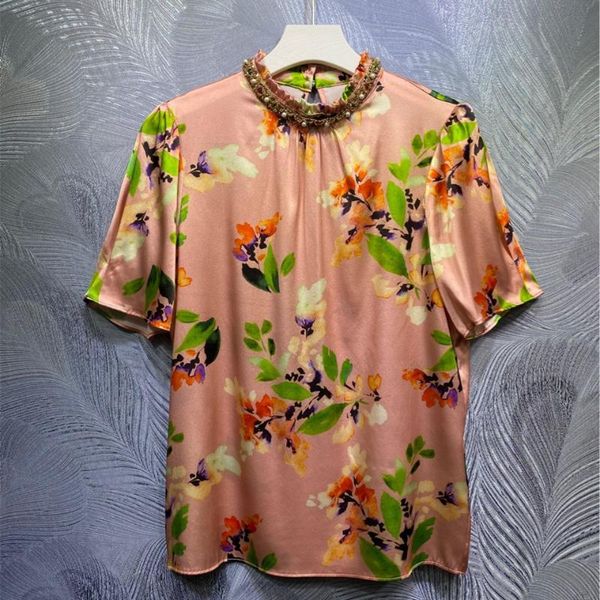 women's t-shirt summer 2021 arrival beading 100%silk floral print t-shirts c779, White
women's t-shirt summer 2021 arrival beading 100%silk floral print t-shirts c779, White
