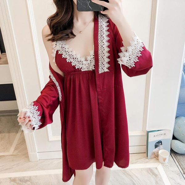 women's sleepwear summer nightgown with sling nightdress robe 2pcs sets home wear korean version ice silk pajamas night shirt, Black;red
women's sleepwear summer nightgown with sling nightdress robe 2pcs sets home wear korean version ice silk pajamas night shirt, Black;red
