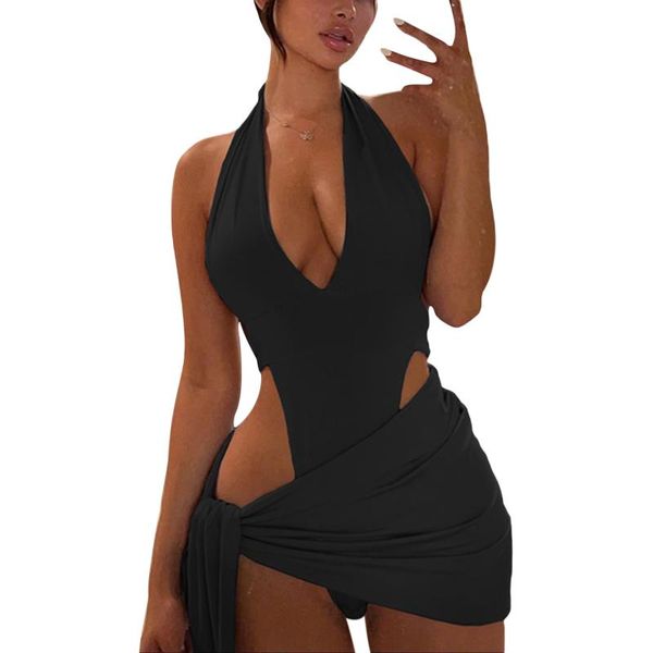 women's swimwear 2pcs women summer outfit solid color halter neck backless bodysuit + knotted miniskirt suit for girls blue/black, White;black
women's swimwear 2pcs women summer outfit solid color halter neck backless bodysuit + knotted miniskirt suit for girls blue/black, White;black