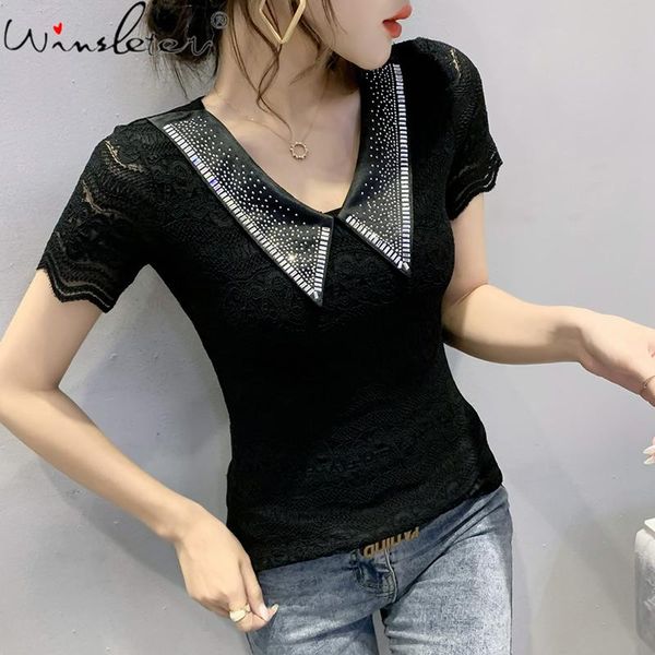 women's t-shirt summer korean style lace turn-down collar pullover shiny diamonds women short sleeve tees t14032a, White
women's t-shirt summer korean style lace turn-down collar pullover shiny diamonds women short sleeve tees t14032a, White