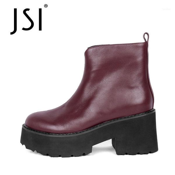 boots jsi winter warm genuine leather woman solid high platform zipper short ladeis plush outsole jc82811, Black
