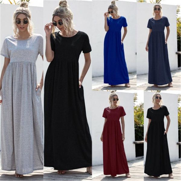 womens solid colors dresses fashion trend short sleeve round neck pocket swing skirts summer designer female casual long dress clothing, Black;gray
womens solid colors dresses fashion trend short sleeve round neck pocket swing skirts summer designer female casual long dress clothing, Black;gray