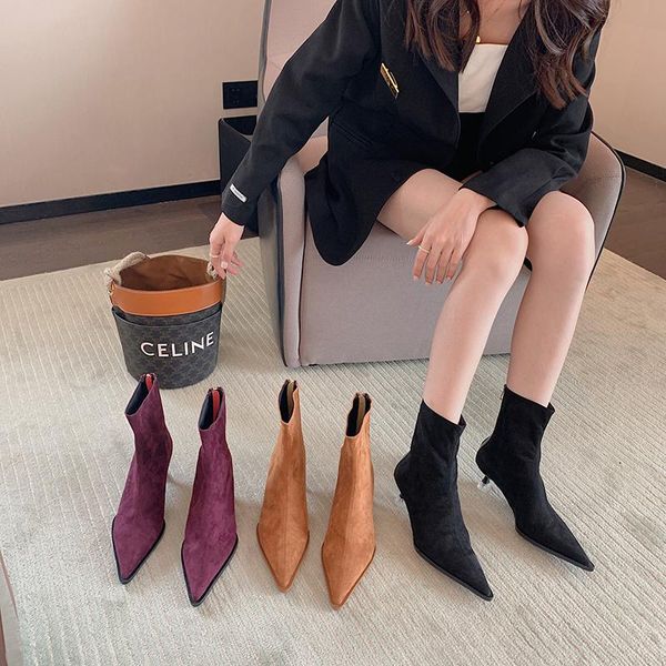 boots pointed toe women sock booties flock stretch botas thin mid heels purple/black/brown solid color back zipper woman
boots pointed toe women sock booties flock stretch botas thin mid heels purple/black/brown solid color back zipper woman
