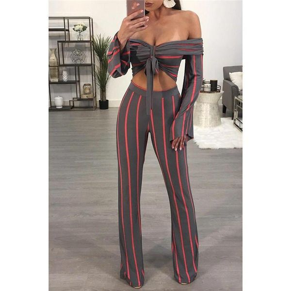women vestidos long sleeve short and flare pant set two pieces vintage striped suits off shoulder club wear women's tracksuits, Gray
women vestidos long sleeve short and flare pant set two pieces vintage striped suits off shoulder club wear women's tracksuits, Gray