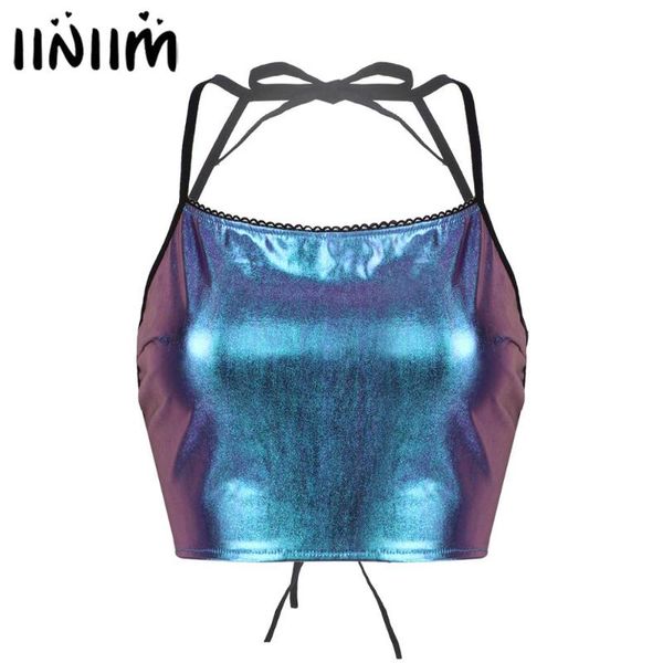 womens rave latex dance shiny metallic spaghetti straps clubwear backless tie-on holographic camisole vest crop women's tanks, White
womens rave latex dance shiny metallic spaghetti straps clubwear backless tie-on holographic camisole vest crop women's tanks, White