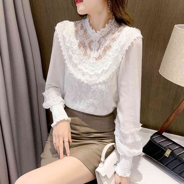 spring summer fashion women lace chiffon hollow out shirt female long sleeve white blouse feminine blusas 210515
spring summer fashion women lace chiffon hollow out shirt female long sleeve white blouse feminine blusas 210515