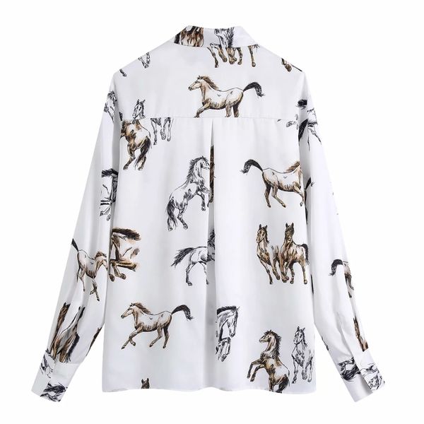women horse print turndown collar satin shirt female long sleeve blouse casual lady loose blusas s8162, White
women horse print turndown collar satin shirt female long sleeve blouse casual lady loose blusas s8162, White