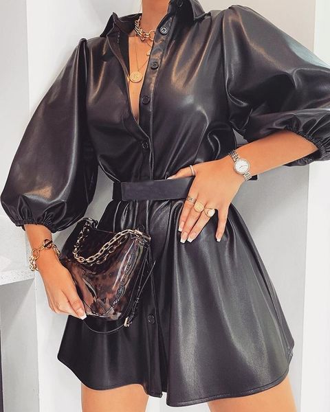 casual dresses solid button-up faux leather dress women long sleeve pu, Black;gray
casual dresses solid button-up faux leather dress women long sleeve pu, Black;gray
