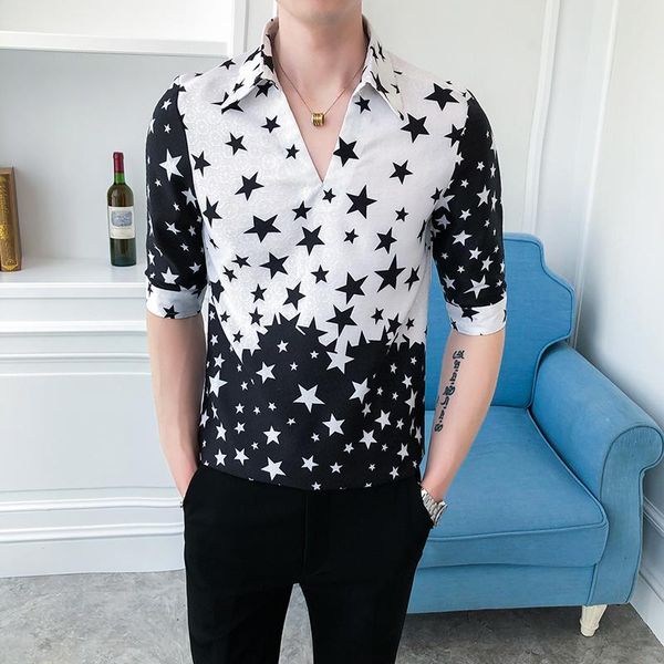 star print men shirts half sleeve casual slim fit shirt fashion pollover streetwear social blouse night club party clothing men's, White;black
star print men shirts half sleeve casual slim fit shirt fashion pollover streetwear social blouse night club party clothing men's, White;black