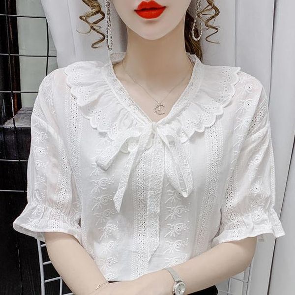 women's blouses & shirts 2021 summer french white lace-up chiffon shirt female fashion wood ear lace bottoming
