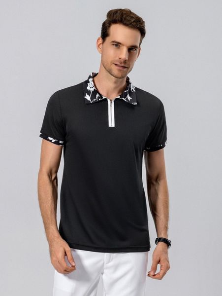 men contrast floral collar quarter zip polo shirt q4kz#, White;black