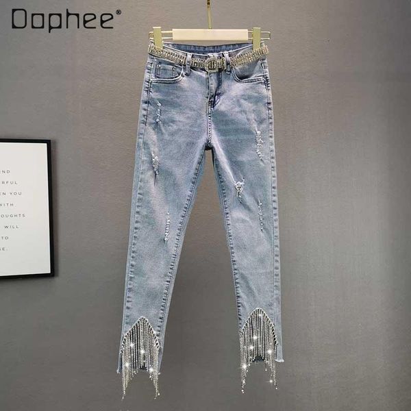 spring women's cotton elastic high waist irregular rhinestone tassel denim pants hole ripped ankle length jeans, Blue
spring women's cotton elastic high waist irregular rhinestone tassel denim pants hole ripped ankle length jeans, Blue