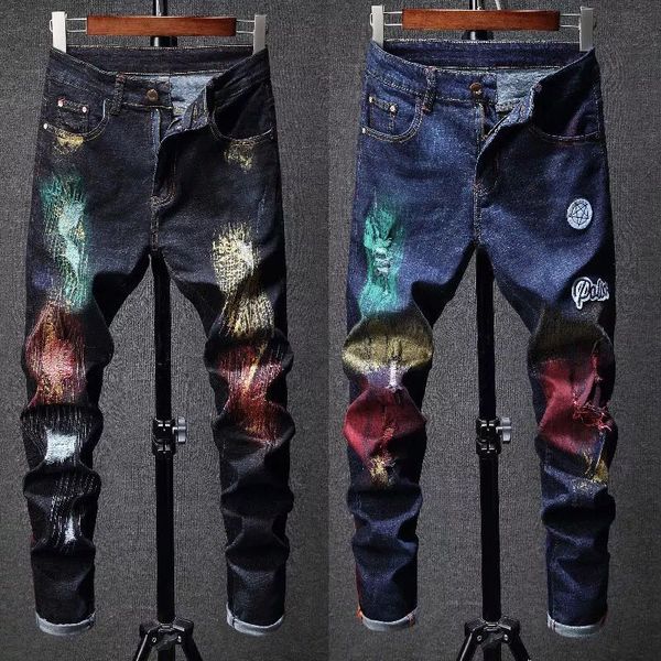 jeans new men's color personality fashion brand perforated young elastic paint splashing beggars pants, Blue
jeans new men's color personality fashion brand perforated young elastic paint splashing beggars pants, Blue