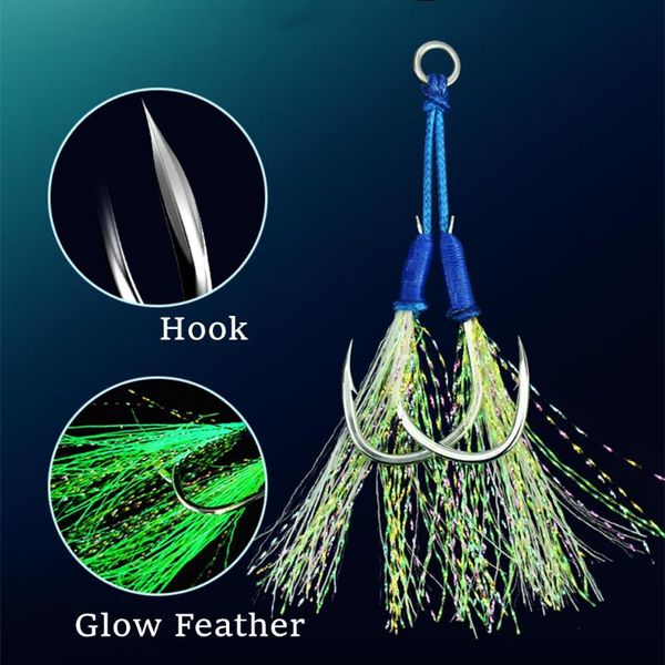luminous double assist hooks slow jigging with glow feather sea fishing for lure
luminous double assist hooks slow jigging with glow feather sea fishing for lure