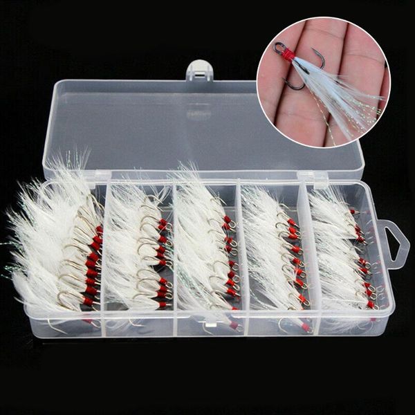 50pcs strong fishing treble hooks white feather dressed 2/4/6/8/10# tackle with vivid decoy
50pcs strong fishing treble hooks white feather dressed 2/4/6/8/10# tackle with vivid decoy