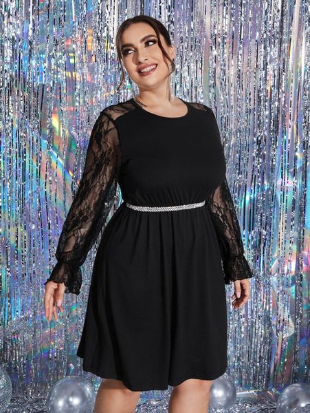 plus contrast lace flounce sleeve dress without belt o3qr#, Black
plus contrast lace flounce sleeve dress without belt o3qr#, Black