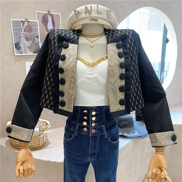 women's jackets double breasted contrast color stitching long sleeve short coat women 2021 autumn retro slim jacket top, Black;brown
women's jackets double breasted contrast color stitching long sleeve short coat women 2021 autumn retro slim jacket top, Black;brown