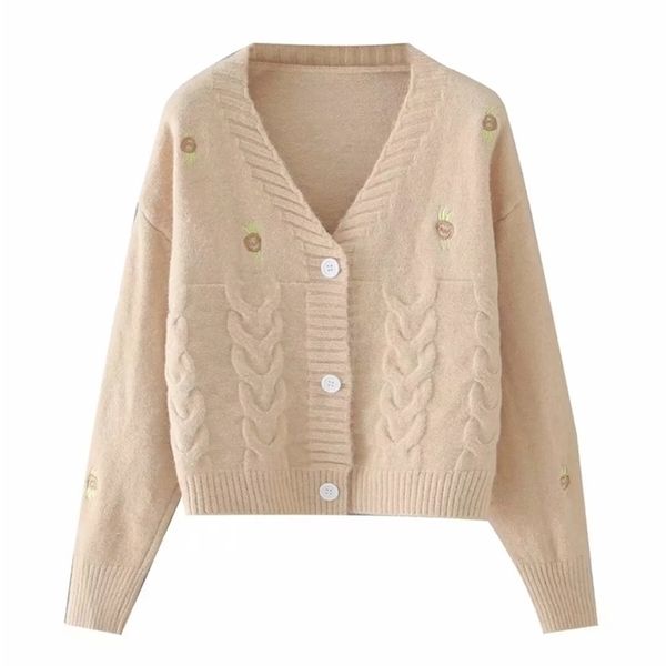 

spring 100% polyester v-neck slim regular solid appliques single breasted button casual women sweater 210524, White
