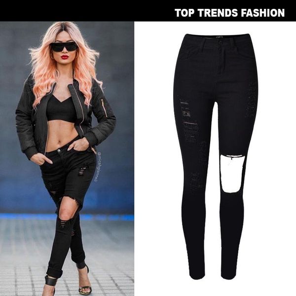 high waist slim elastic perforated denim personality thin two-color black and white, Blue
high waist slim elastic perforated denim personality thin two-color black and white, Blue