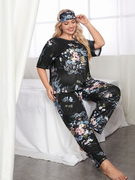 plus floral print pajama set with eye cover n8lp#, Black;white
plus floral print pajama set with eye cover n8lp#, Black;white
