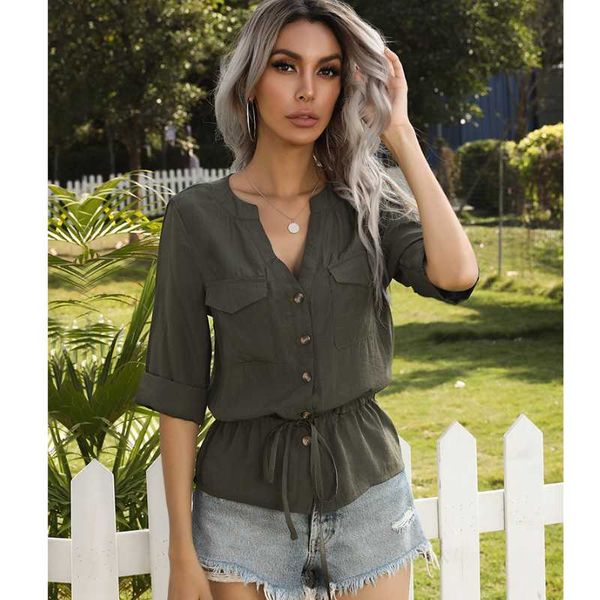 women's shirt summer short-sleeved fashion solid color v-neck lace-up pocket female casual commute slim t-shirt, White
women's shirt summer short-sleeved fashion solid color v-neck lace-up pocket female casual commute slim t-shirt, White