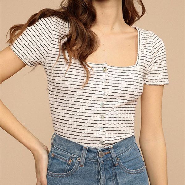 women's t-shirt knit stripes tshirts square collar single breasted short sleeve slim 2021 summer ladies, White
women's t-shirt knit stripes tshirts square collar single breasted short sleeve slim 2021 summer ladies, White