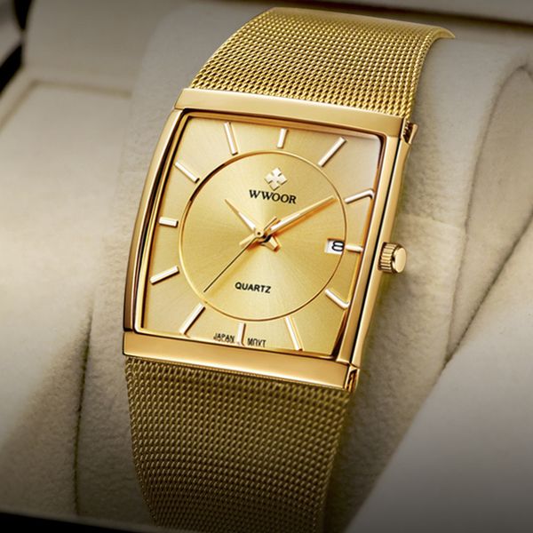 wwoor luxury gold watch men square japan quartz slim steel mesh waterproof sports automatic date wrist watches relogio masculinog, Slivery;brown
wwoor luxury gold watch men square japan quartz slim steel mesh waterproof sports automatic date wrist watches relogio masculinog, Slivery;brown