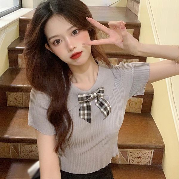 women's t-shirt summer vertical stripe short knitwear bow lapel slim sleeve korean style casual tee shirt, White
women's t-shirt summer vertical stripe short knitwear bow lapel slim sleeve korean style casual tee shirt, White