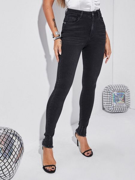 high waist raw hem skinny jeans l684#, Blue
high waist raw hem skinny jeans l684#, Blue