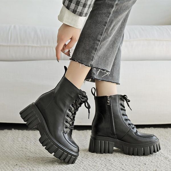 boots 2021 fall winter increase leather women shoes balck round toe flat platform ankle booets college style lace-up zip hell 8cm, Black
boots 2021 fall winter increase leather women shoes balck round toe flat platform ankle booets college style lace-up zip hell 8cm, Black