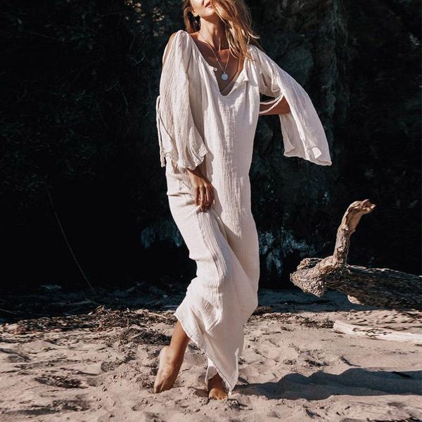 casual dresses elegant v neck women long dress vintage solid loose boho maxi slit tie-up off shoulder lady beach party, Black;gray
casual dresses elegant v neck women long dress vintage solid loose boho maxi slit tie-up off shoulder lady beach party, Black;gray