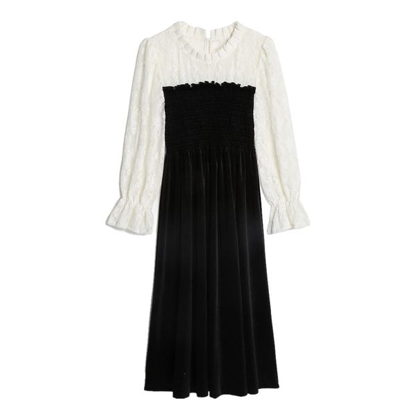 women black velvet patchwork lace white dresses long sleeve chic elegant ruffle party d3062 210514, Black;gray
women black velvet patchwork lace white dresses long sleeve chic elegant ruffle party d3062 210514, Black;gray