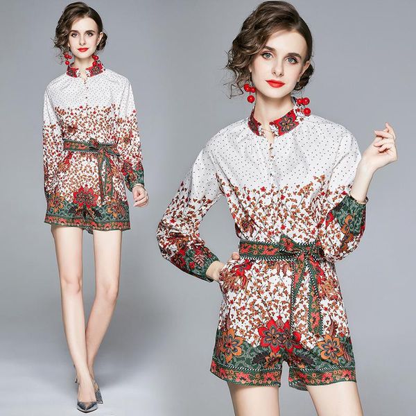 women's tracksuits summer runway 2 piece women ladies sets vintage print stand mock neck long sleeve shirt blouse shorts outfits, Gray
women's tracksuits summer runway 2 piece women ladies sets vintage print stand mock neck long sleeve shirt blouse shorts outfits, Gray