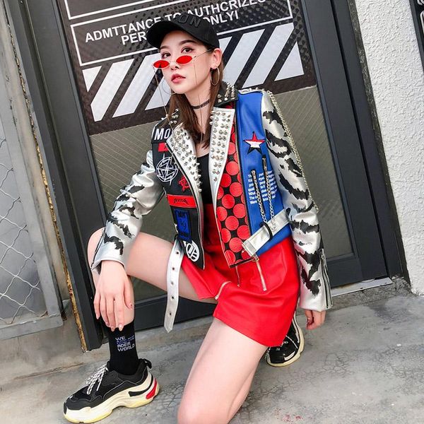 women's jackets trend-setter 2021 autumn fashion rivet leather jacket women spring punk style letter printing chains and coat, Black;brown
women's jackets trend-setter 2021 autumn fashion rivet leather jacket women spring punk style letter printing chains and coat, Black;brown