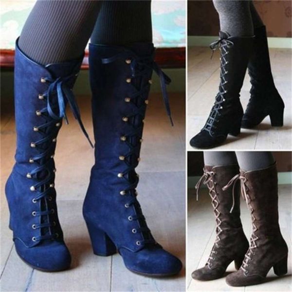 high tube knight boots front lace up autumn and winter thick heel women, Black