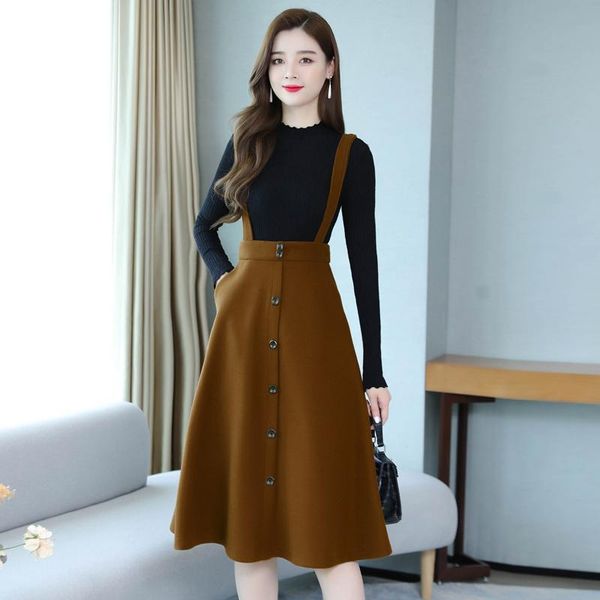 two piece dress autumn winter wool 2 pieces set overalls women strap a-line high waist pocket button deco midi skirt + black knitted sweater, White
two piece dress autumn winter wool 2 pieces set overalls women strap a-line high waist pocket button deco midi skirt + black knitted sweater, White