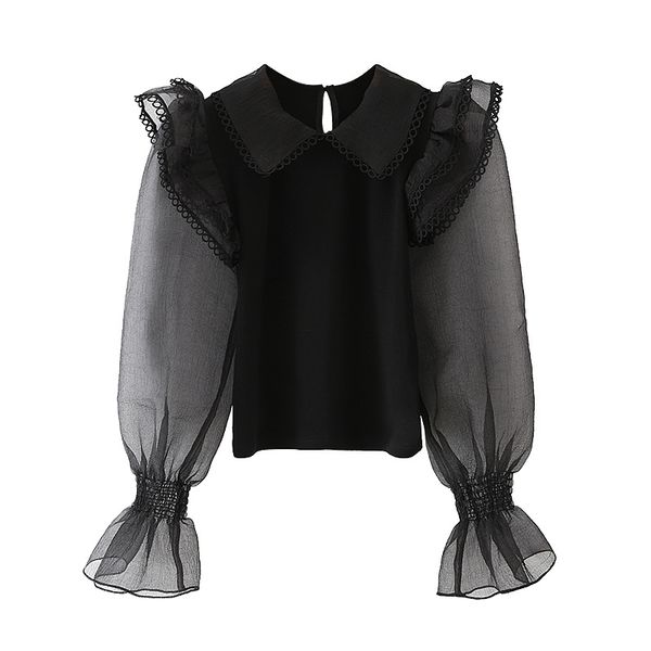 women's knits & tees woman black organza patchwork knit blouses 2021 spring fashion ladies ruffers female elegant sleeve, White
women's knits & tees woman black organza patchwork knit blouses 2021 spring fashion ladies ruffers female elegant sleeve, White