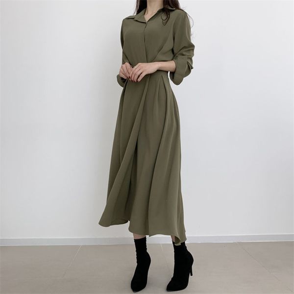 women single button pleated slim waist dresses autumn elegant simple dress solid color turn-down collar femme vestidos gk420 210507, Black;gray
women single button pleated slim waist dresses autumn elegant simple dress solid color turn-down collar femme vestidos gk420 210507, Black;gray