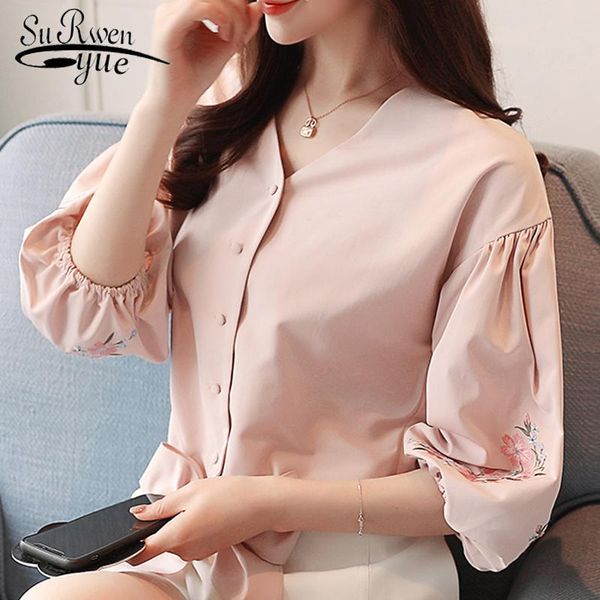 women's blouses & shirts womens and solid chiffon blouse shirt fashion 2021 spring half sleeve embroidery flower women 2622 50, White