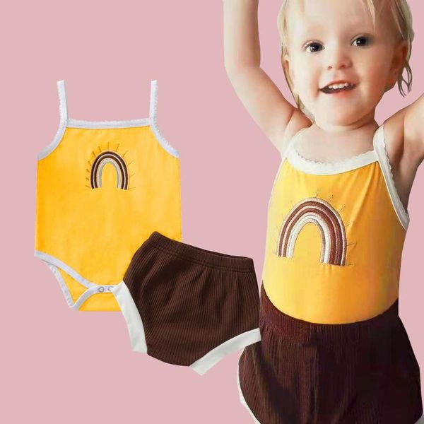 jumpsuits baby girl clothes set, rainbow embroidery sleeveless sling romper + solid color short pants, Blue
jumpsuits baby girl clothes set, rainbow embroidery sleeveless sling romper + solid color short pants, Blue